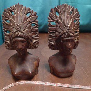 Vintage Carved Wood Sculptures Statues Bust Polynesian Man Woman